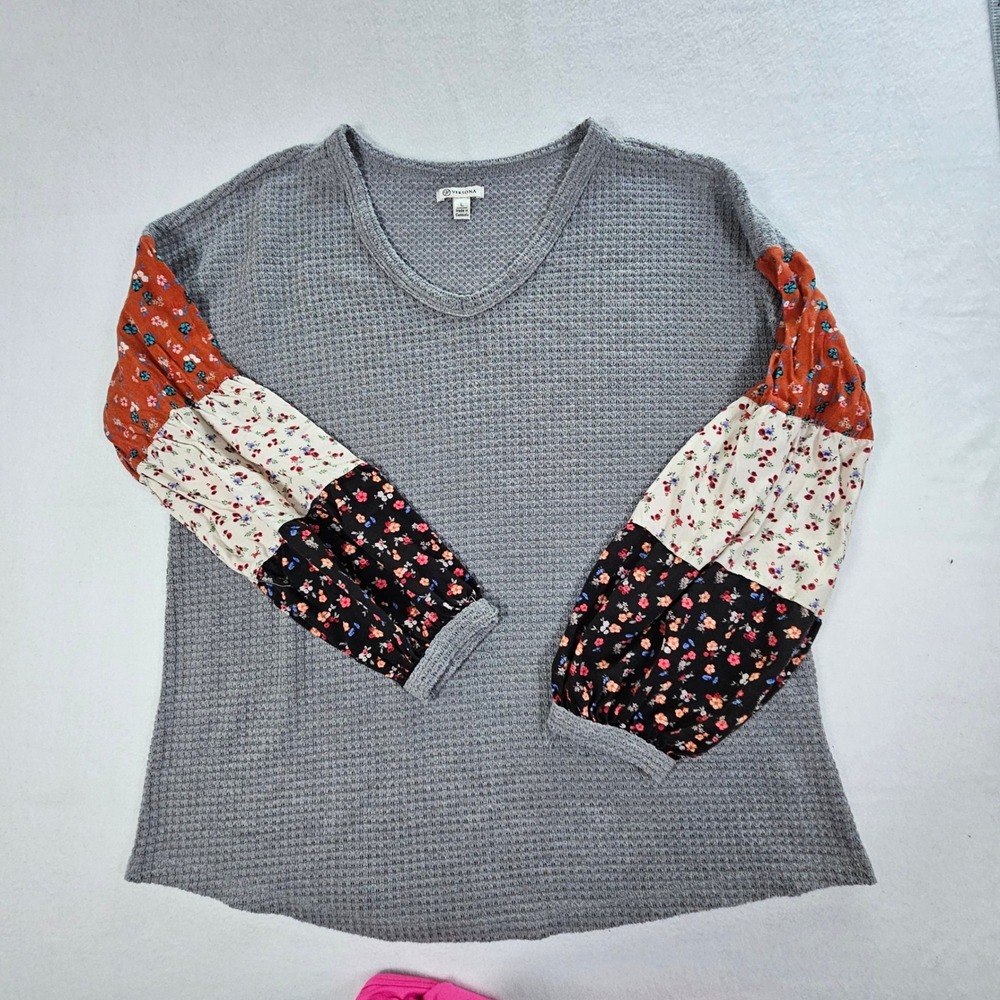 Versona Womens Grey Waffle Knit Top Floral Patchwork Balloon Sleeve Large Boho